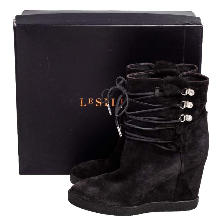 Pre Owned Le Silla Grey Suede Fur Detail Hidden Wedge Ankle Boots Size 37