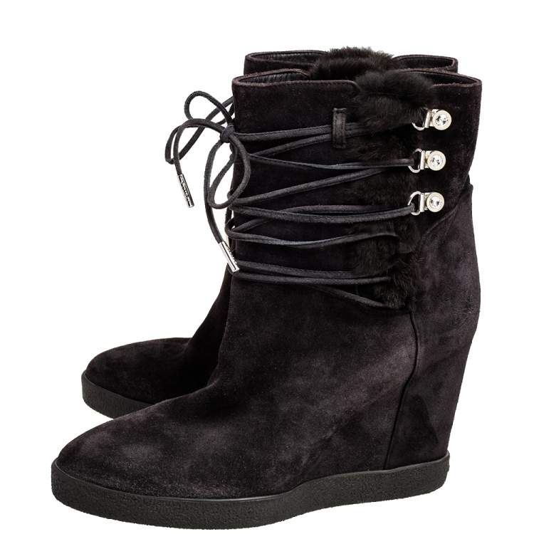Pre Owned Le Silla Grey Suede Fur Detail Hidden Wedge Ankle Boots Size 37