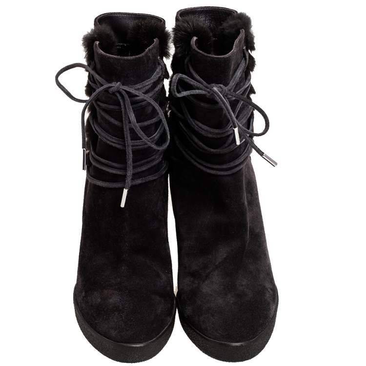 Pre Owned Le Silla Grey Suede Fur Detail Hidden Wedge Ankle Boots Size 37