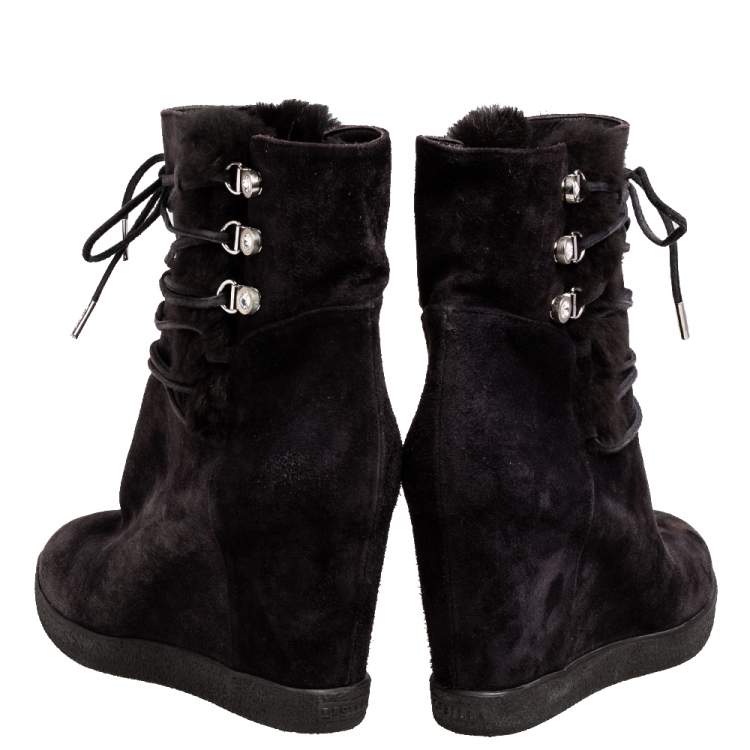 Pre Owned Le Silla Grey Suede Fur Detail Hidden Wedge Ankle Boots Size 37