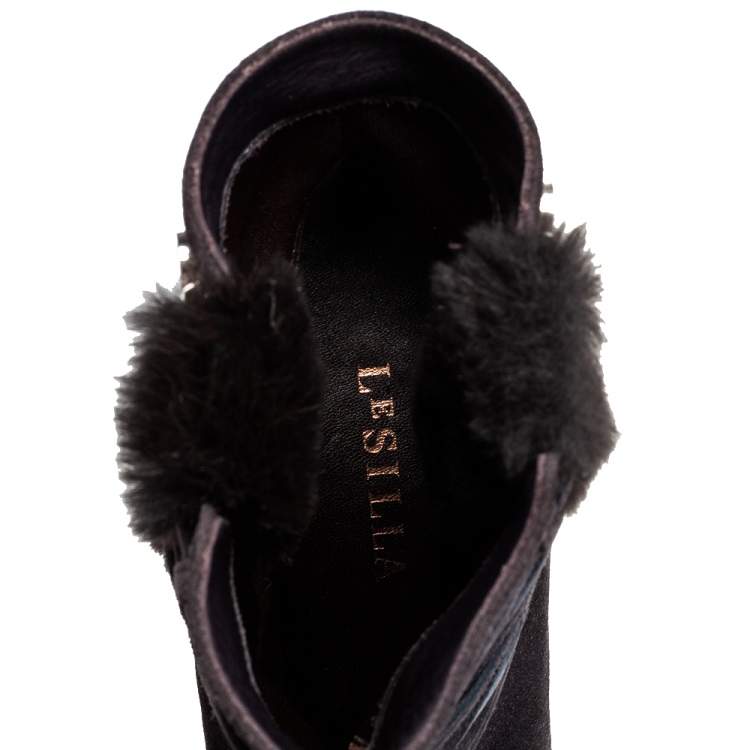 Pre Owned Le Silla Grey Suede Fur Detail Hidden Wedge Ankle Boots Size 37