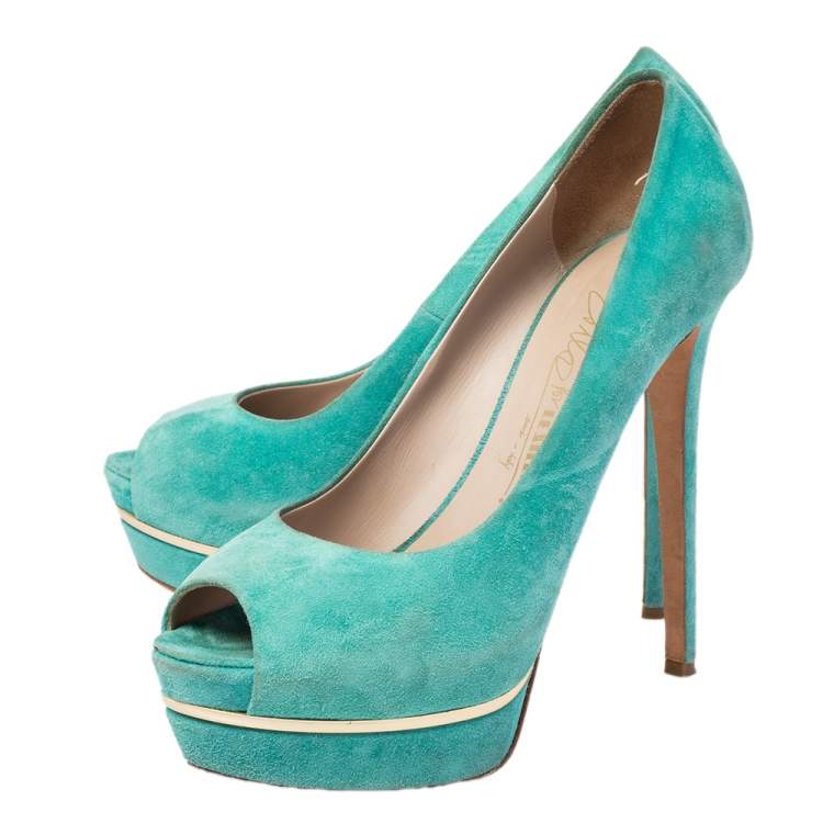 Pre Owned Le Silla Green Suede Peep Toe Platform Pumps Size 40