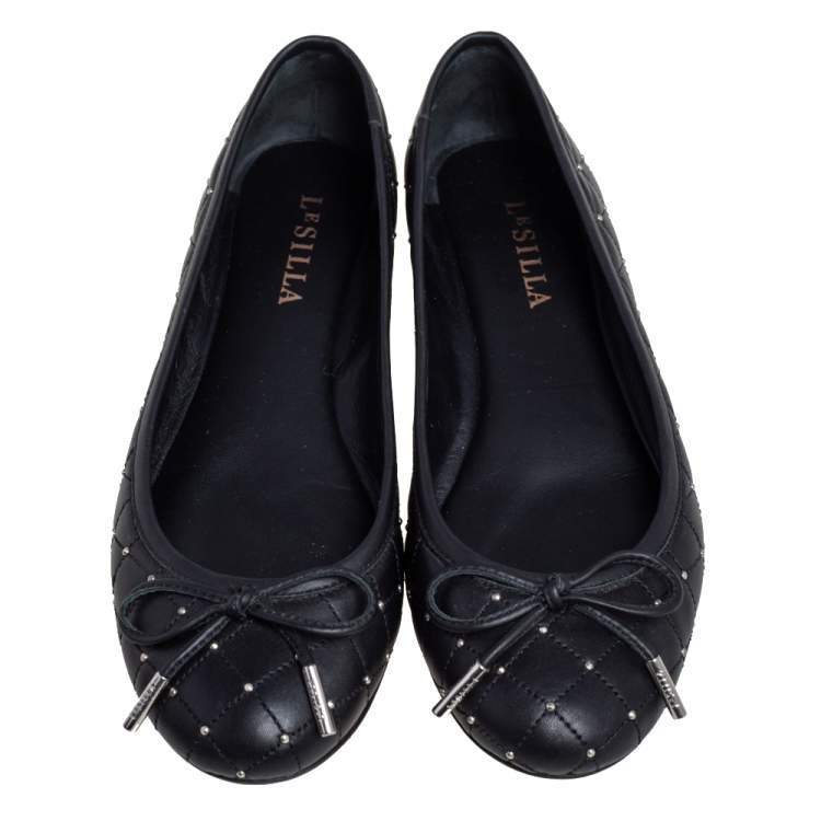 Pre Owned Le Silla Black Quilted Leather Studded Ballet Flats Size 36