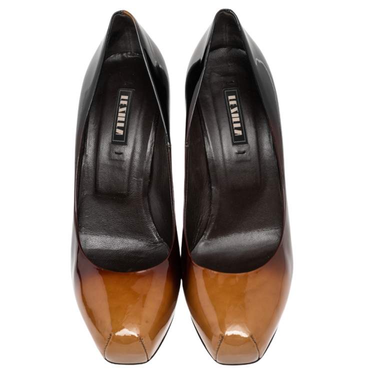 Pre Owned Le Silla Brown/Beige Patent Leather Platform Pumps Size 39.5
