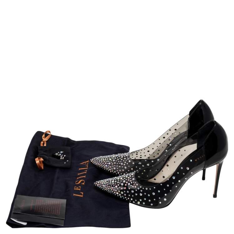 Pre Owned Le Silla Black/Clear PVC And Patent Leather Nicole Crystal Embellished Stiletto Pumps Size 38