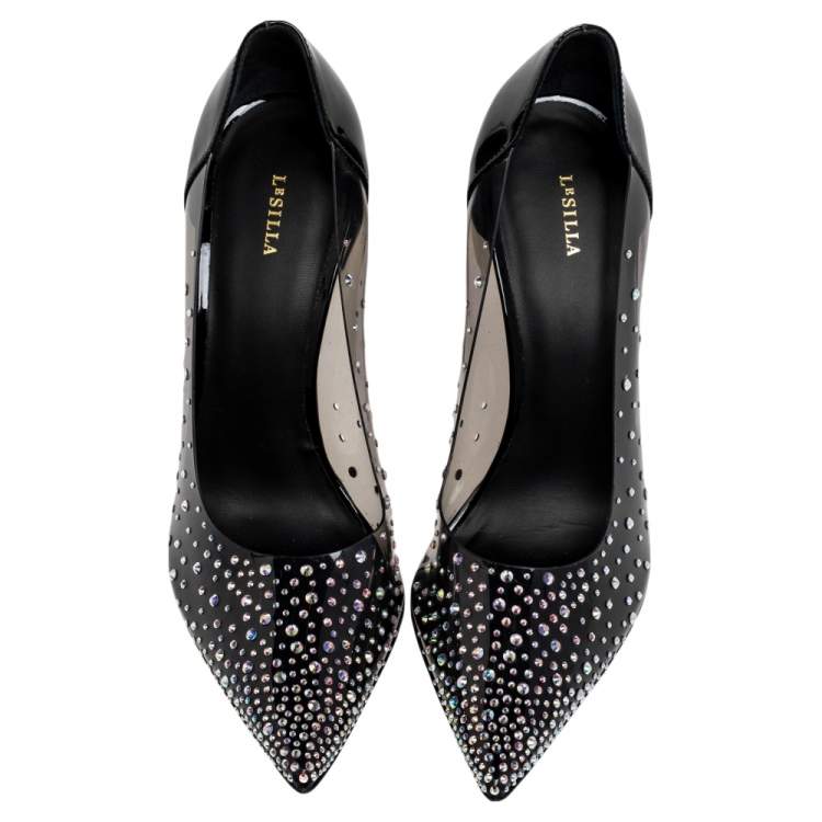 Pre Owned Le Silla Black/Clear PVC And Patent Leather Nicole Crystal Embellished Stiletto Pumps Size 38