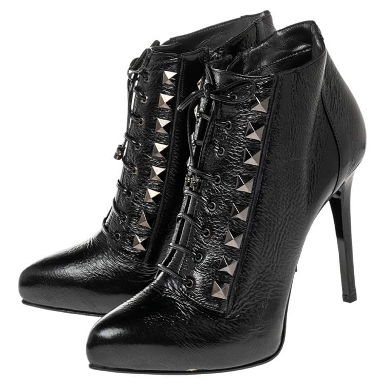 Pre Owned Le Silla Black Patent Leather Studded Ankle Booties Size 38.5