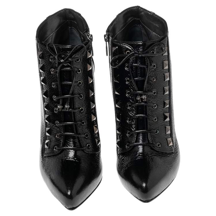 Pre Owned Le Silla Black Patent Leather Studded Ankle Booties Size 38.5