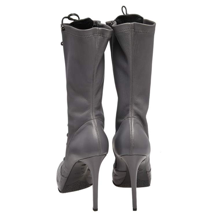 Pre Owned Le Silla Grey Leather Lace Up Mid Calf Boots Size 39