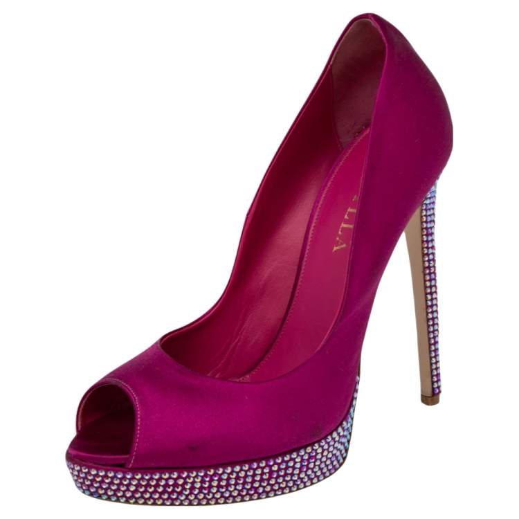 Pre Owned Le Silla Pink Satin Crystal Embellished Platform Peep Toe Pumps Size 38