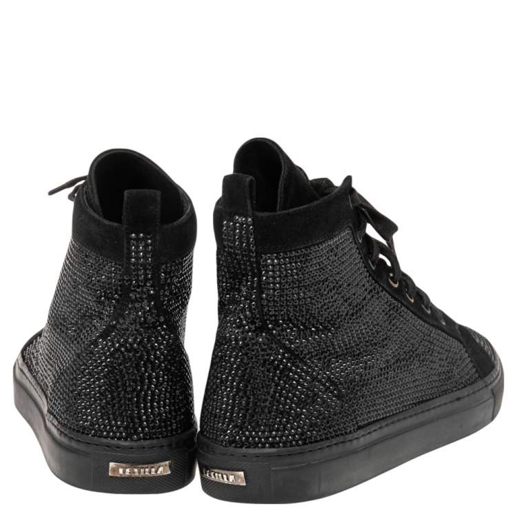 Pre Owned Le Silla Black Suede Crystal Embellished High Top Sneakers Size 39.5