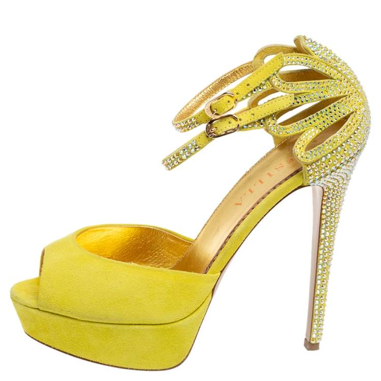 Pre Owned Le Silla Lime Yellow Embellished Suede Strappy Platform Ankle Strap Sandals Size 37