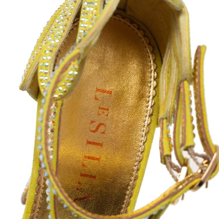 Pre Owned Le Silla Lime Yellow Embellished Suede Strappy Platform Ankle Strap Sandals Size 37