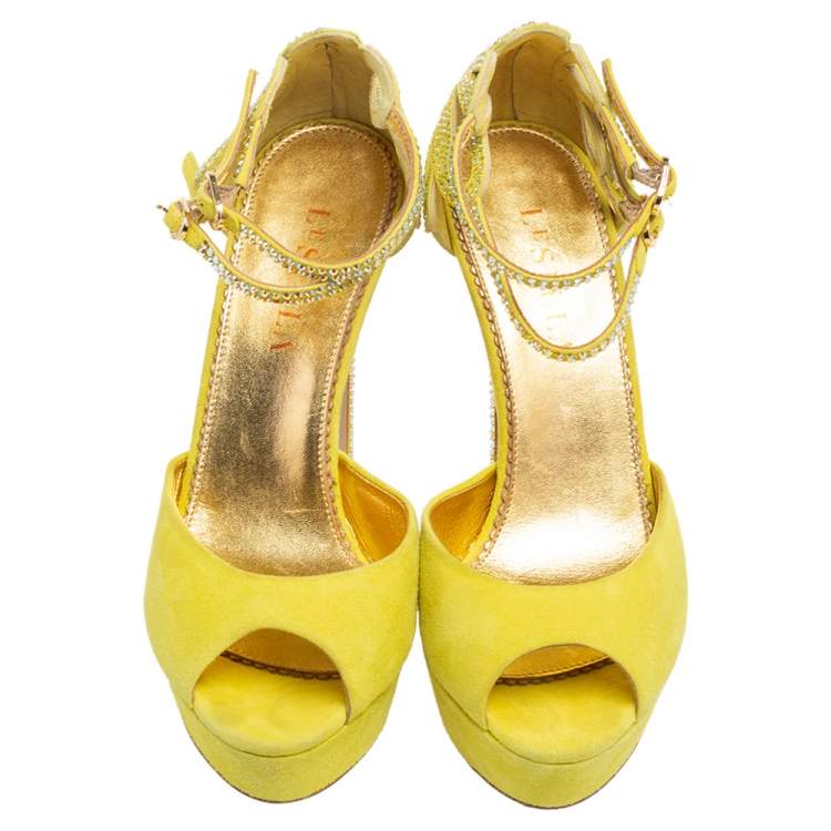Pre Owned Le Silla Lime Yellow Embellished Suede Strappy Platform Ankle Strap Sandals Size 37