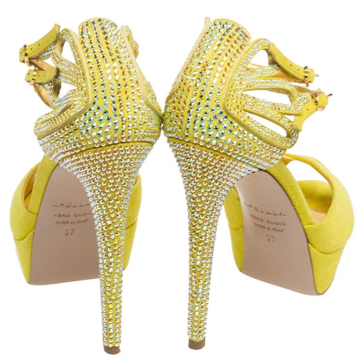 Pre Owned Le Silla Lime Yellow Embellished Suede Strappy Platform Ankle Strap Sandals Size 37