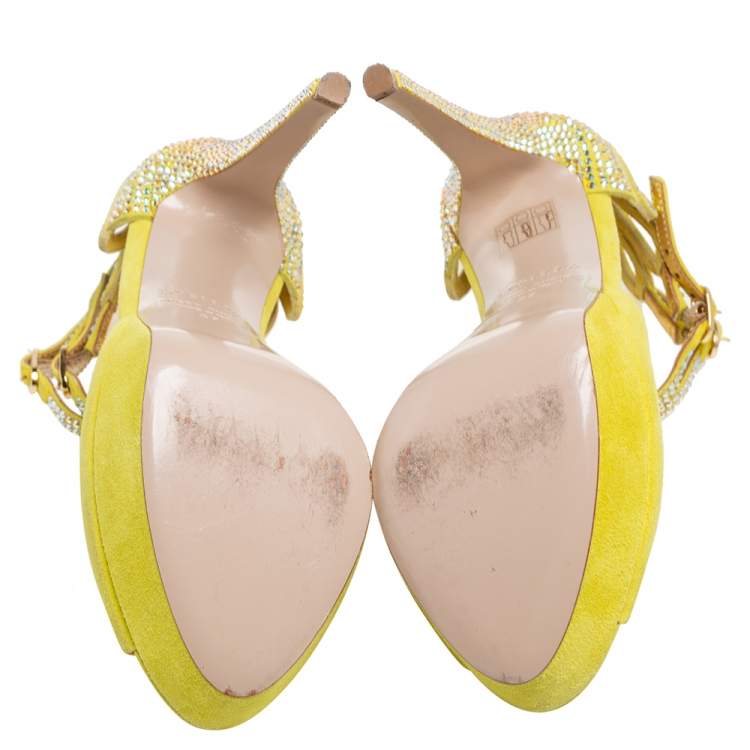 Pre Owned Le Silla Lime Yellow Embellished Suede Strappy Platform Ankle Strap Sandals Size 37