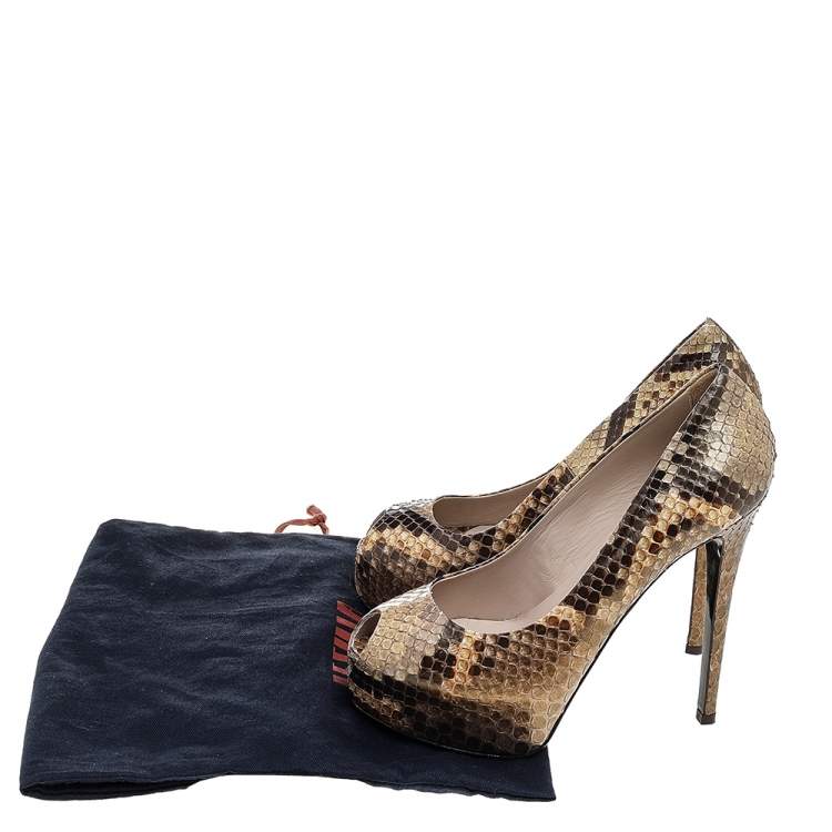 Pre Owned Le Silla Brown/Beige Python Peep Toe Platform Pumps Size 36