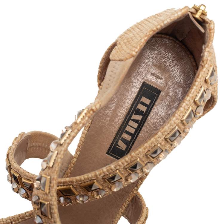 Pre Owned Le Silla Cream Woven Raffia Crystal Embellished Cross Strap Sandals Size 38