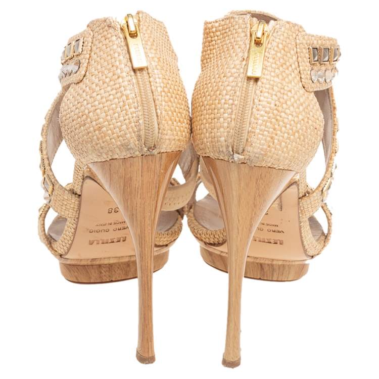 Pre Owned Le Silla Cream Woven Raffia Crystal Embellished Cross Strap Sandals Size 38