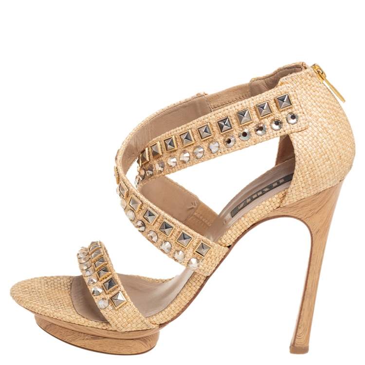 Pre Owned Le Silla Cream Woven Raffia Crystal Embellished Cross Strap Sandals Size 38