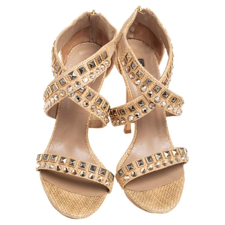 Pre Owned Le Silla Cream Woven Raffia Crystal Embellished Cross Strap Sandals Size 38