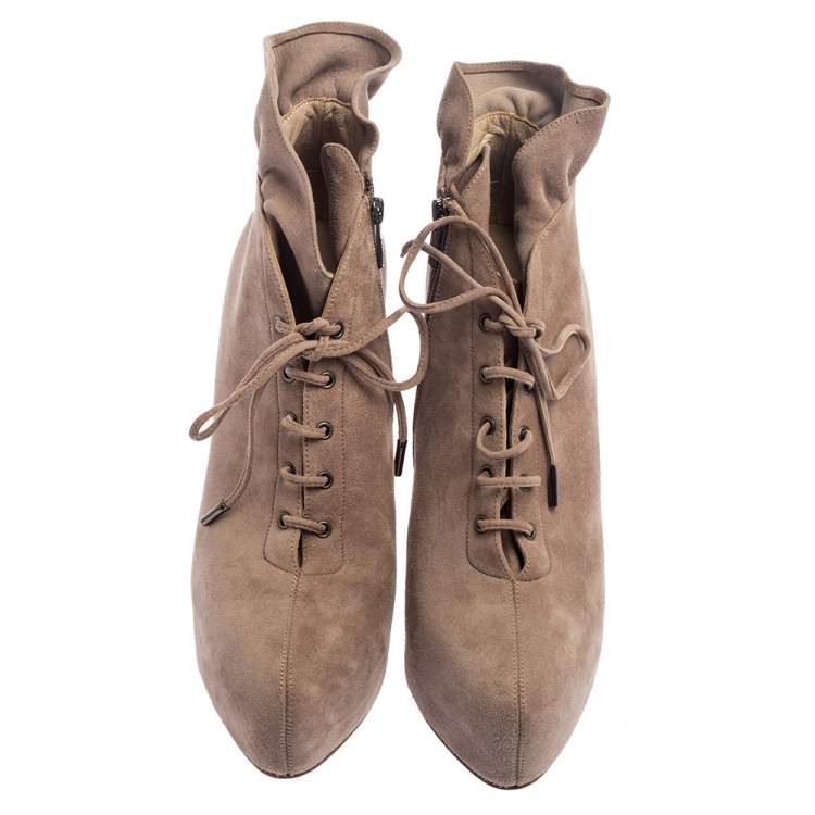 Pre Owned Le Silla Grey Suede Pointed Toe Lace Up Ankle Boots Size 38.5