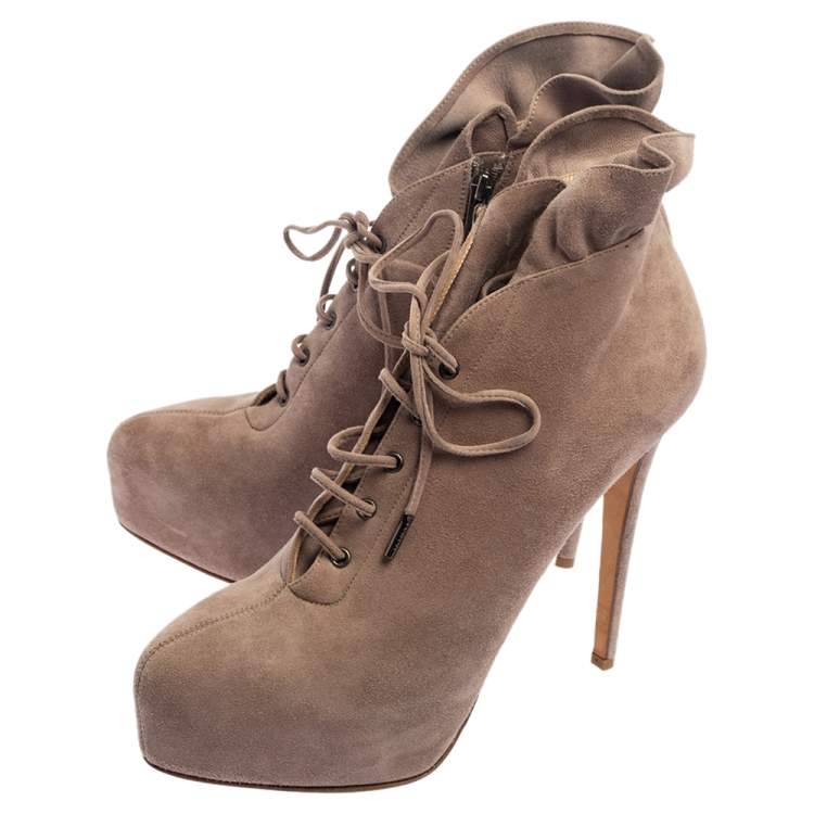 Pre Owned Le Silla Grey Suede Pointed Toe Lace Up Ankle Boots Size 38.5