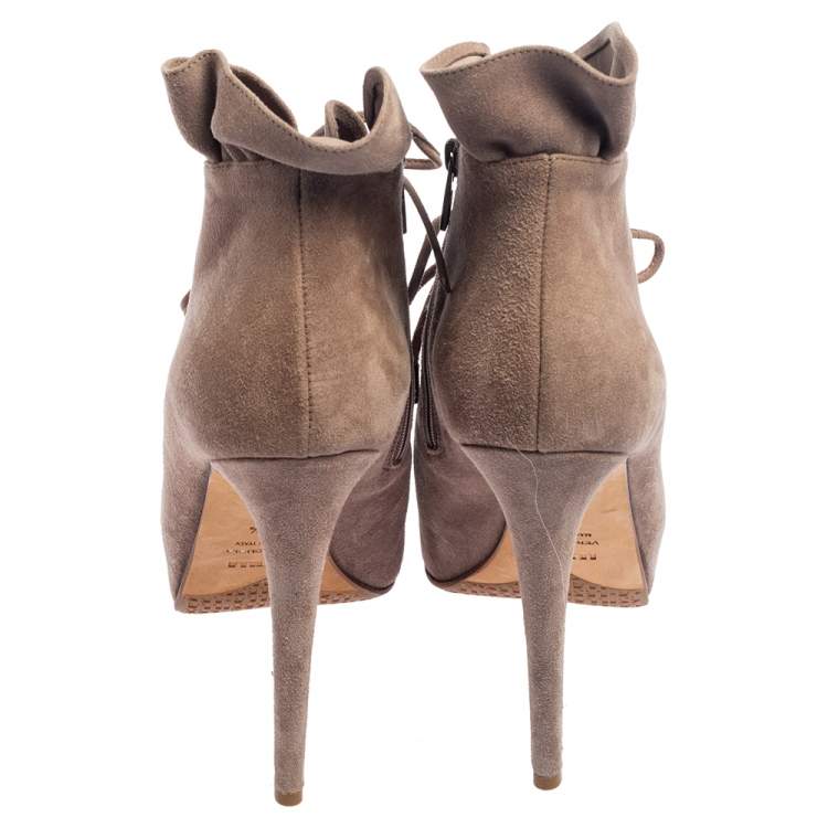 Pre Owned Le Silla Grey Suede Pointed Toe Lace Up Ankle Boots Size 38.5