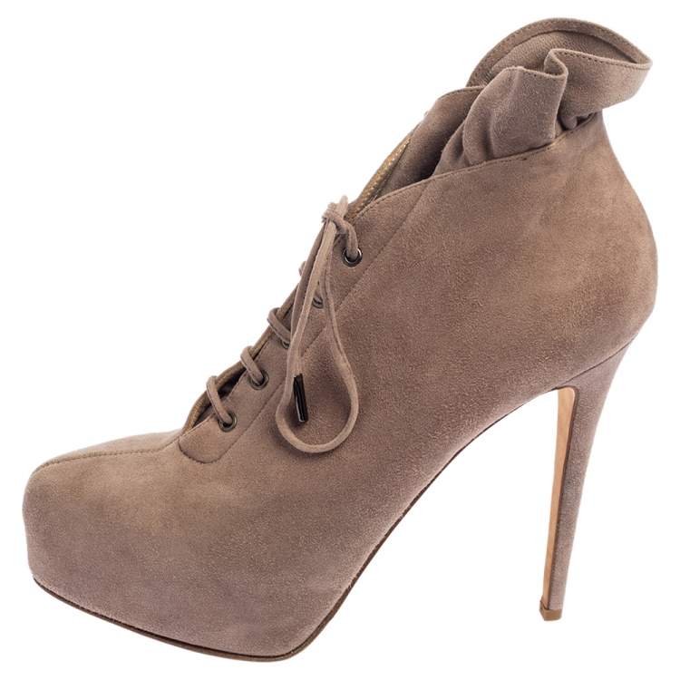 Pre Owned Le Silla Grey Suede Pointed Toe Lace Up Ankle Boots Size 38.5