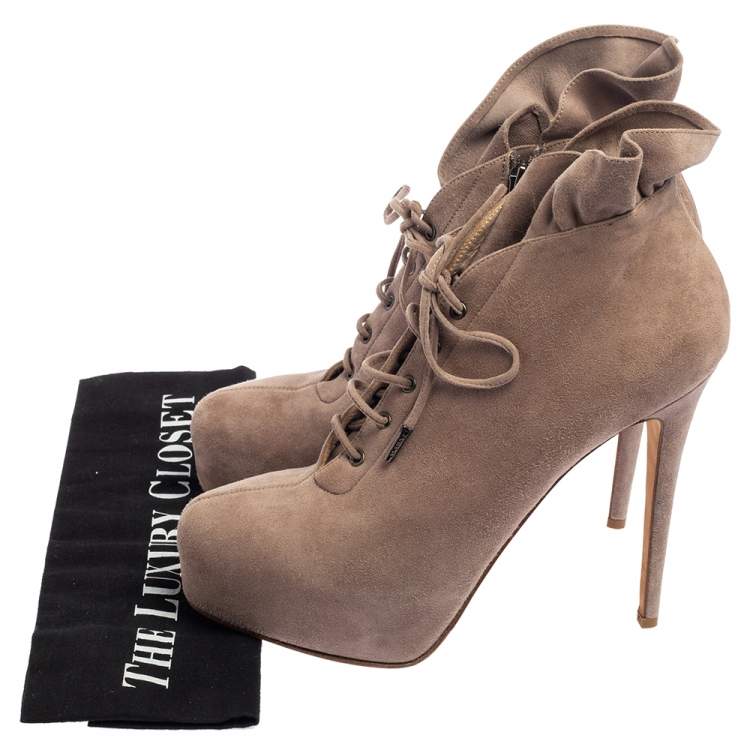 Pre Owned Le Silla Grey Suede Pointed Toe Lace Up Ankle Boots Size 38.5