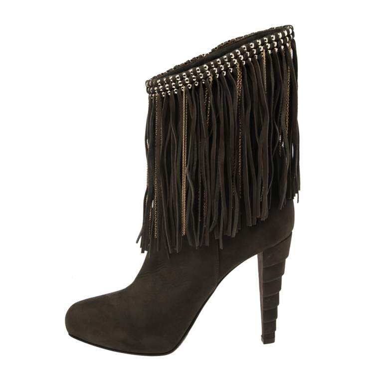 Pre Owned Le Silla Dark Green Suede Chain Embellished Mid Calf Length Boots Size 38