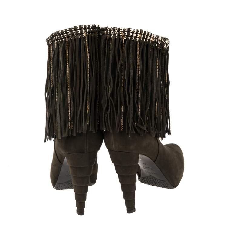 Pre Owned Le Silla Dark Green Suede Chain Embellished Mid Calf Length Boots Size 38