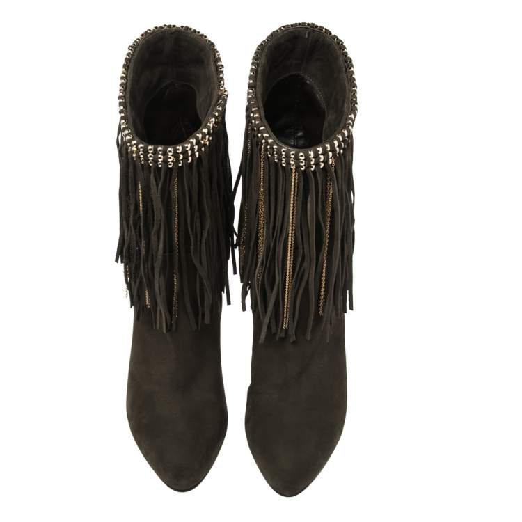 Pre Owned Le Silla Dark Green Suede Chain Embellished Mid Calf Length Boots Size 38
