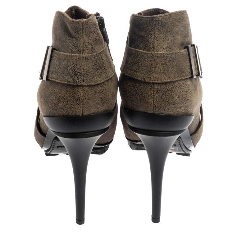 Pre Owned Le Silla Olive Green Leather Platform Ankle Boots Size 39