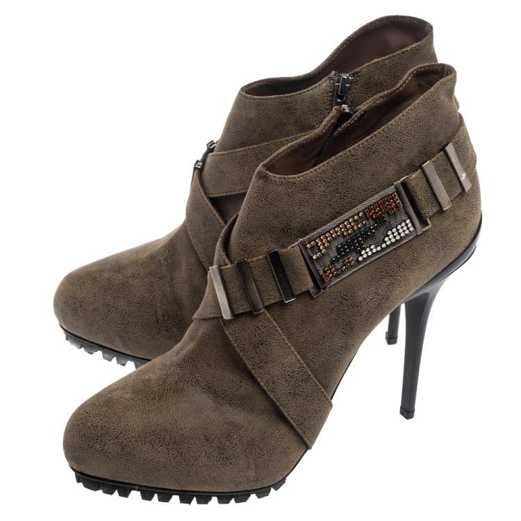 Pre Owned Le Silla Olive Green Leather Platform Ankle Boots Size 39