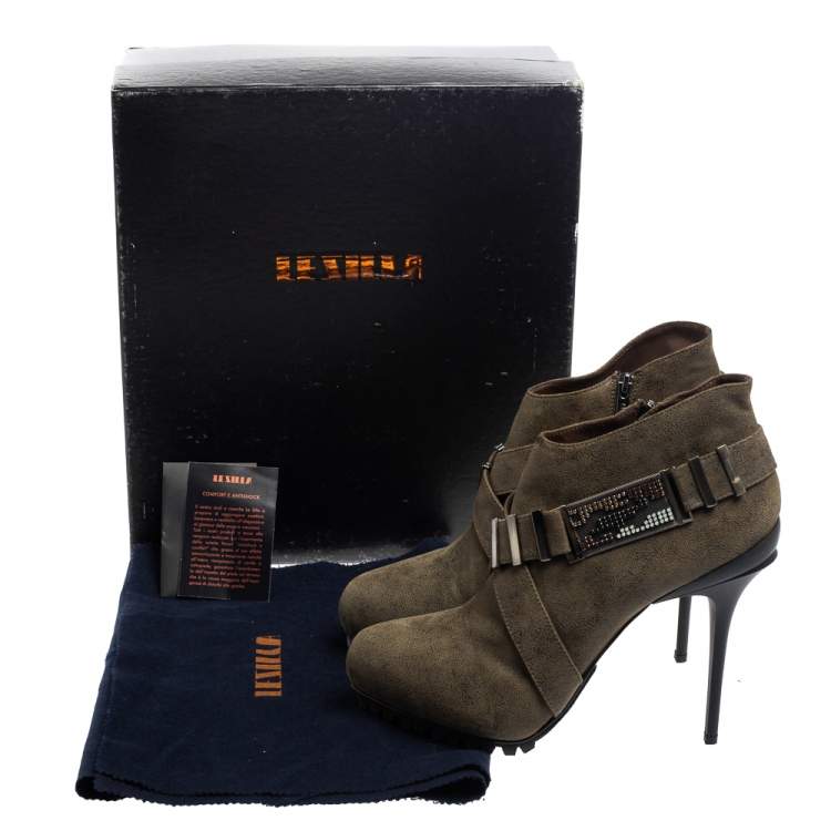 Pre Owned Le Silla Olive Green Leather Platform Ankle Boots Size 39