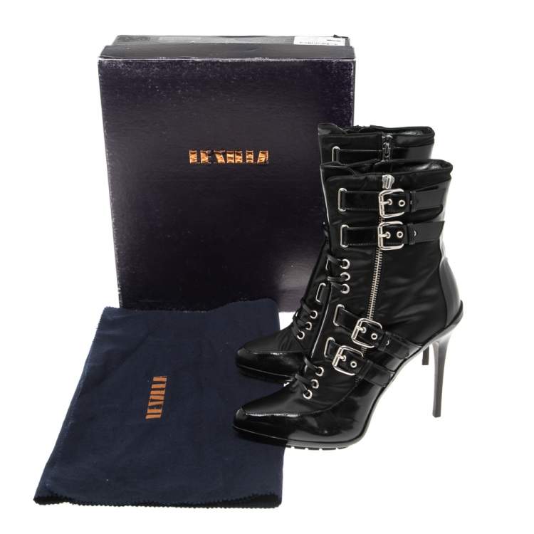 مملوكة مسبقًا Enio Silla For Le Silla Black Patent Leather And Nylon Ankle Boots Size 40