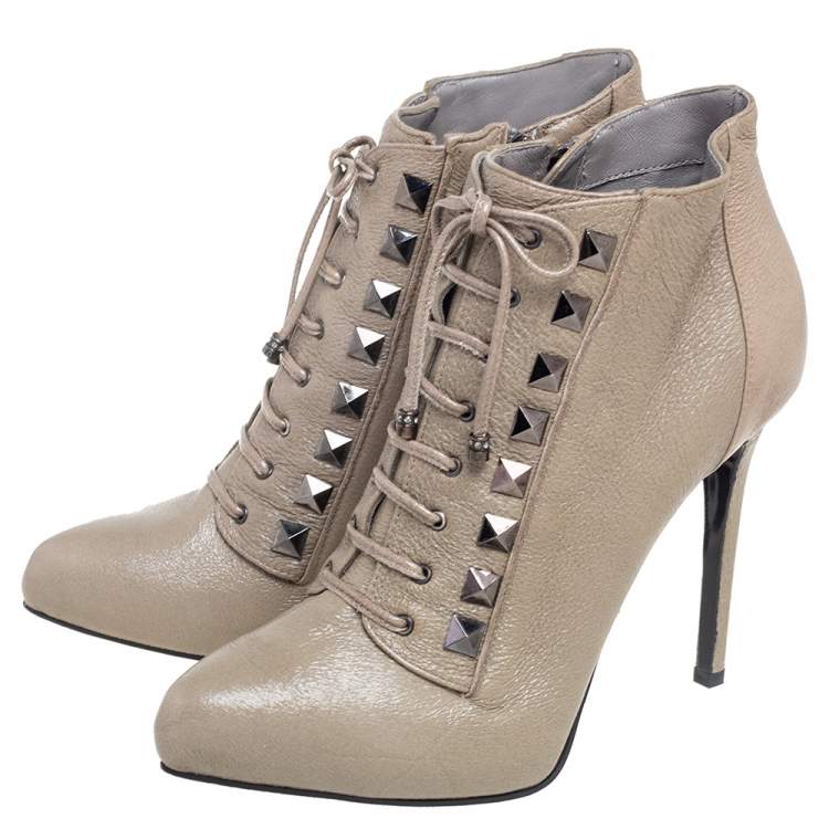 Pre Owned Le Silla Grey Leather Lace Up Studded Ankle Booties Size 38
