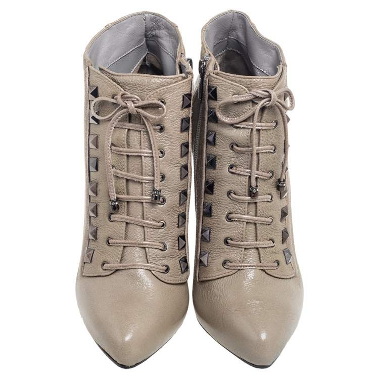 Pre Owned Le Silla Grey Leather Lace Up Studded Ankle Booties Size 38