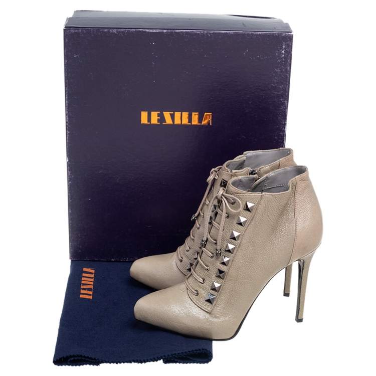 Pre Owned Le Silla Grey Leather Lace Up Studded Ankle Booties Size 38