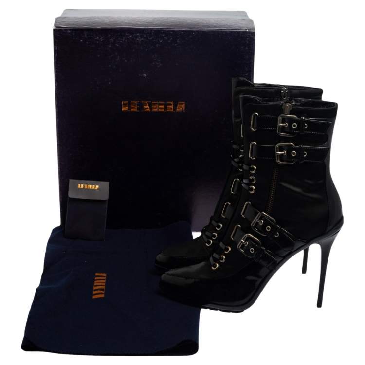 Pre Owned Enio Silla For Le Silla Black Patent Leather And Nylon Platform Ankle Boots Size 39.5