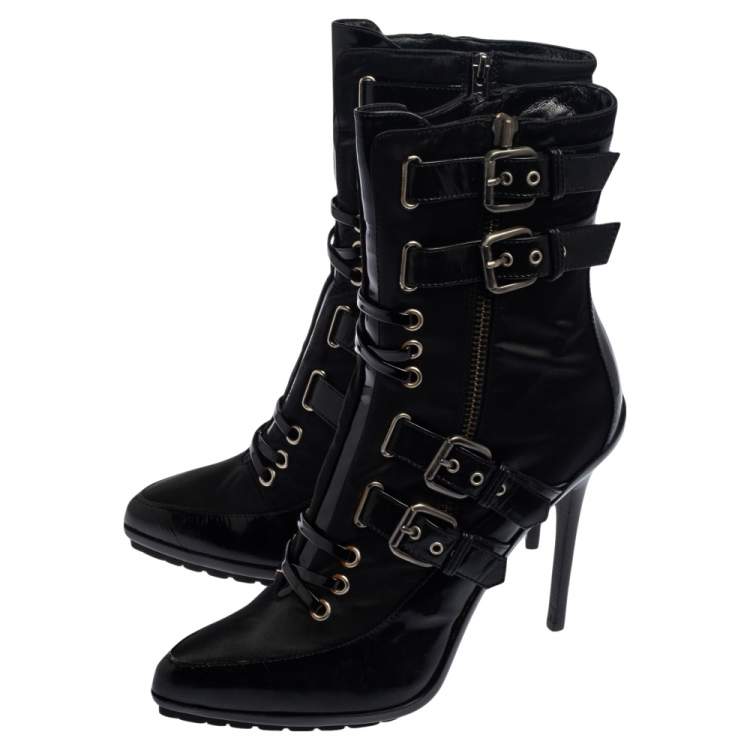 Pre Owned Enio Silla For Le Silla Black Patent Leather And Nylon Platform Ankle Boots Size 39.5