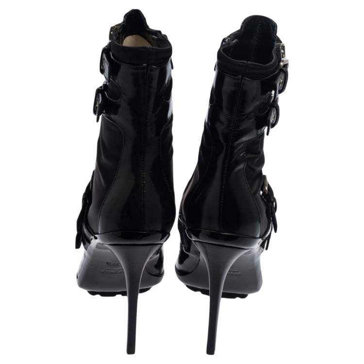 Pre Owned Enio Silla For Le Silla Black Patent Leather And Nylon Platform Ankle Boots Size 39.5