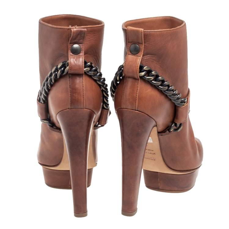 Pre Owned Le Silla Brown Leather Buckle Detail Ankle Boots Size 38
