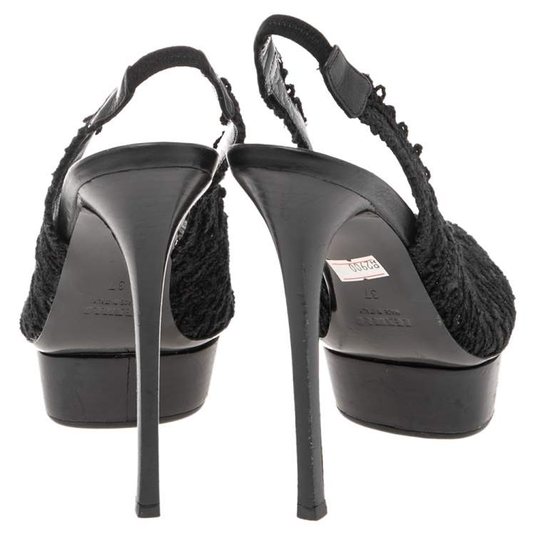 Pre Owned Le Silla Black Mesh And Net  Slingback Peep Toe Platform Sandals Size 37