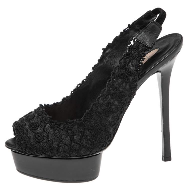 Pre Owned Le Silla Black Mesh And Net  Slingback Peep Toe Platform Sandals Size 37