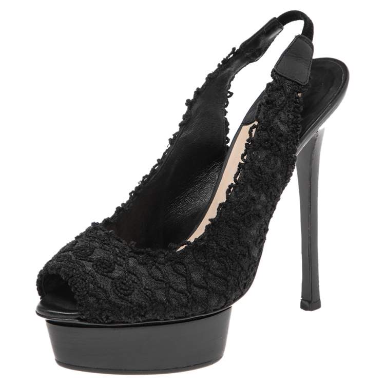 Pre Owned Le Silla Black Mesh And Net  Slingback Peep Toe Platform Sandals Size 37