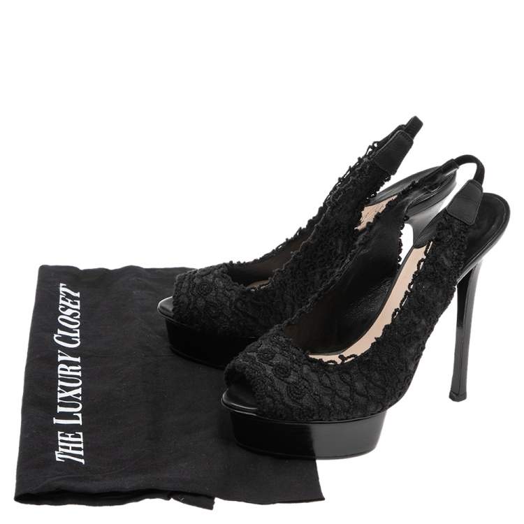 Pre Owned Le Silla Black Mesh And Net  Slingback Peep Toe Platform Sandals Size 37