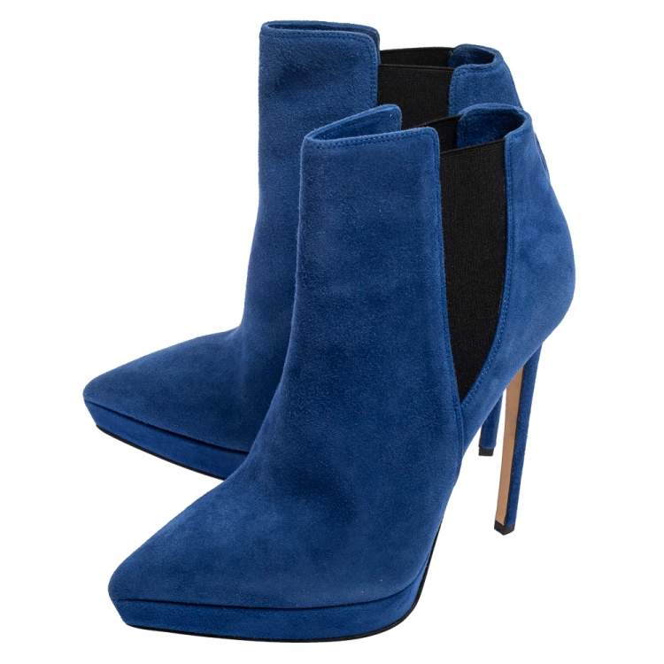Pre Owned Le Silla Blue/Black Suede Elastic Band Ankle Boots Size 38
