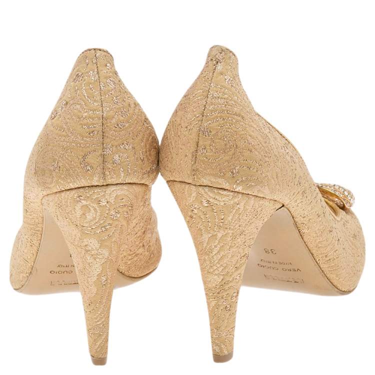 Pre Owned Le Silla Gold Brocade Fabric Embellished Bow Peep Toe Pumps Size 38